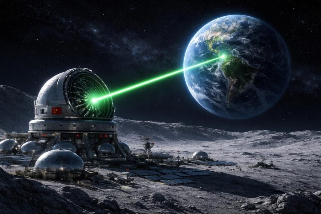 China’s Moon Laser Targeting: Strategic Control in Cislunar Space Chinese moon base firing green laser at Earth, representing strategic space control.