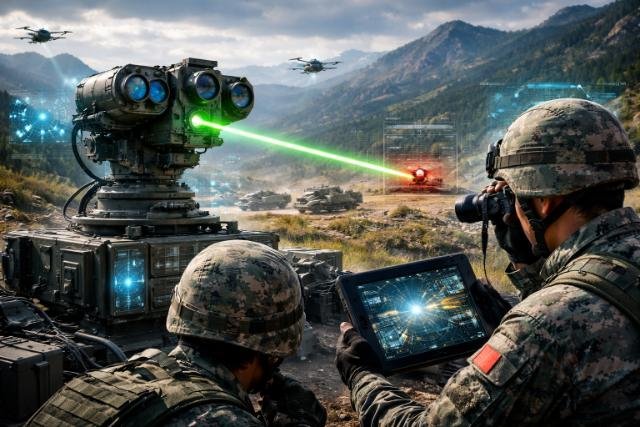 Chinese soldiers using AI laser targeting system in mountain terrain.