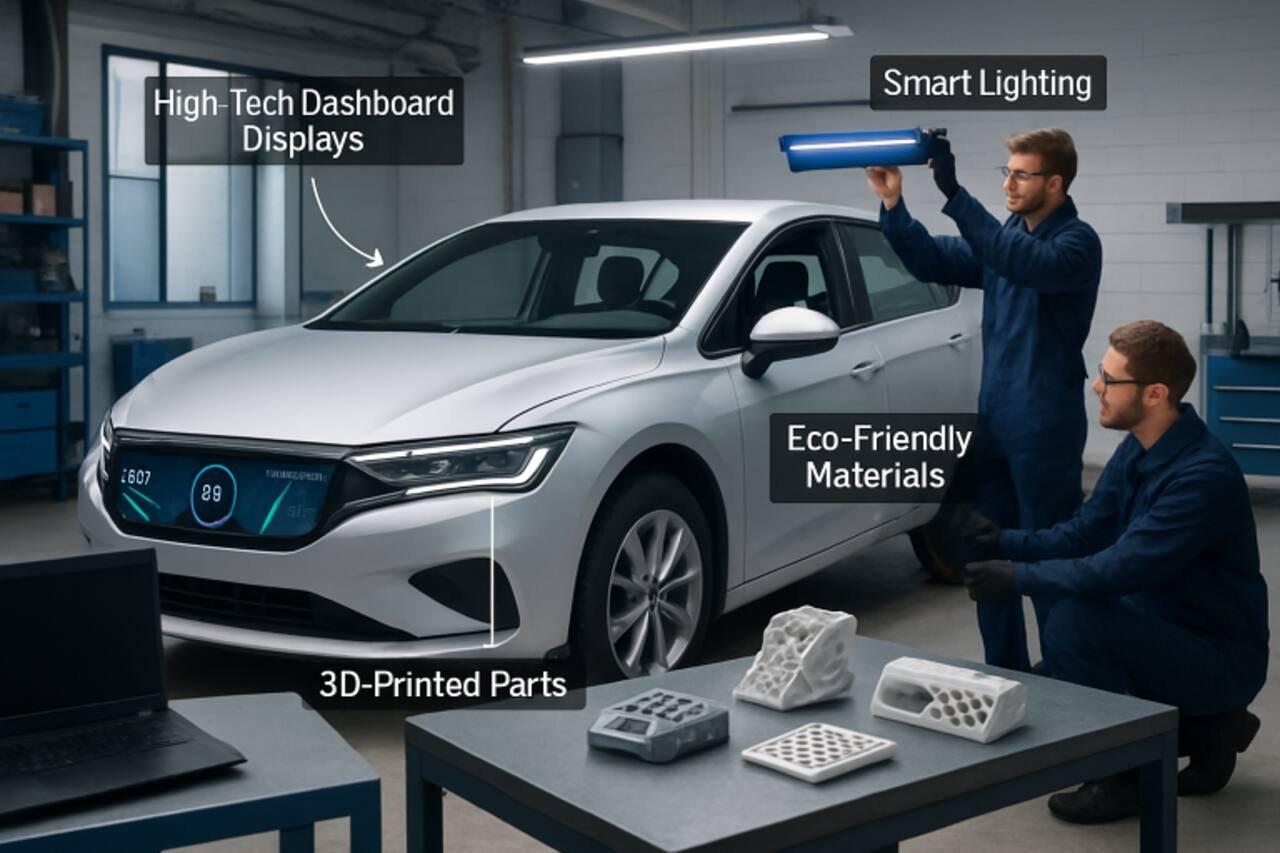 Engineers inspect a modern electric car in a workshop, showcasing smart lighting, a digital dashboard, and 3D-printed automotive components on a worktable.