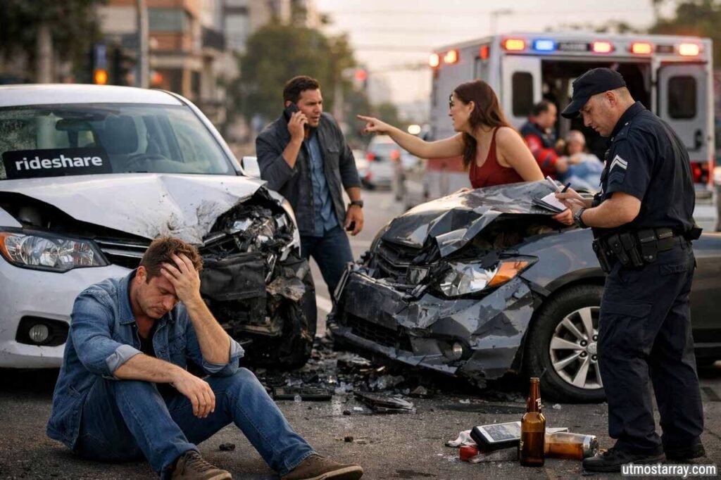 7 Things to Never Do After a Rideshare Accident Aftermath of a rideshare accident on a busy city street with damaged vehicles, injured passengers, a police officer taking notes, and emergency responders assisting victims.