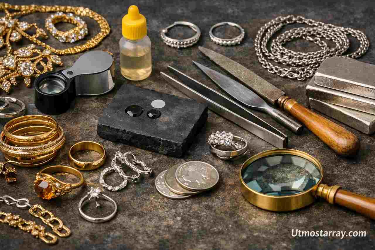 Gold and silver jewelry testing tools with rings and chains