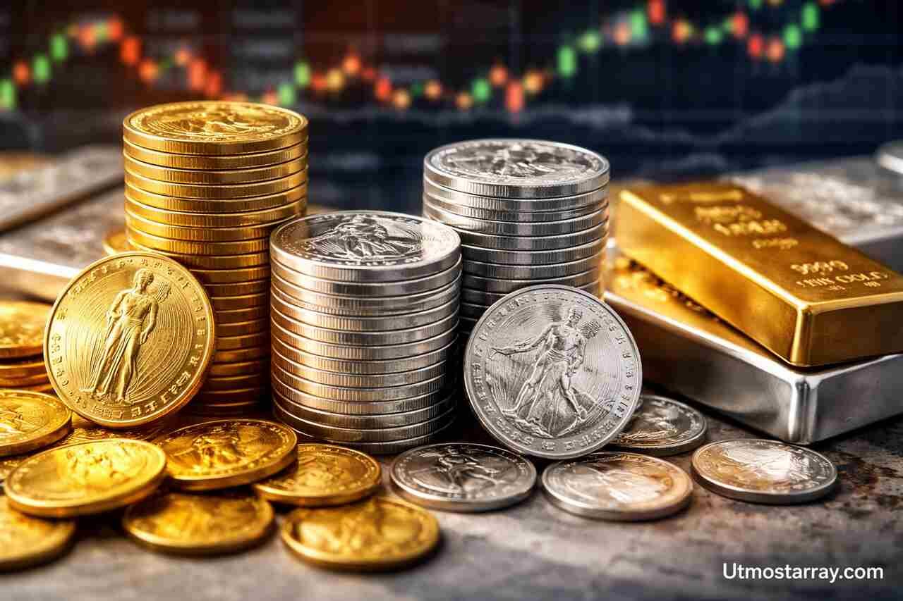 Gold and silver coins with bullion bars representing the gold to silver ratio