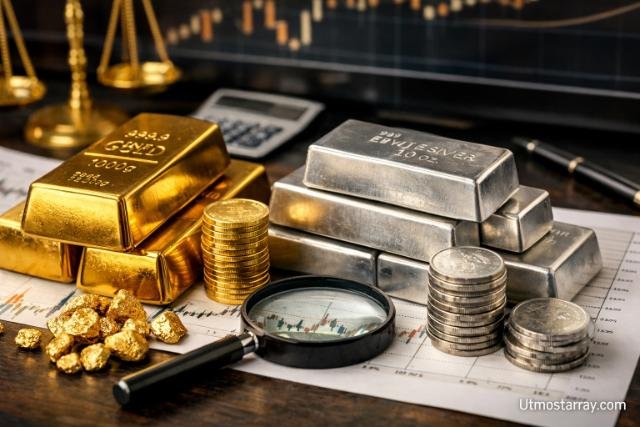 Gold and silver bars on market chart showing ratio analysis