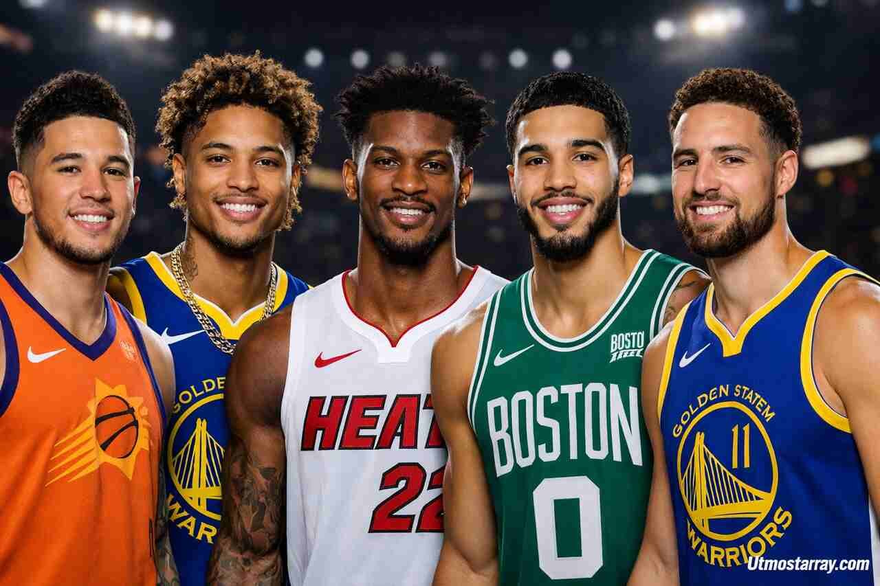 Best looking NBA players in team jerseys smiling in a stadium