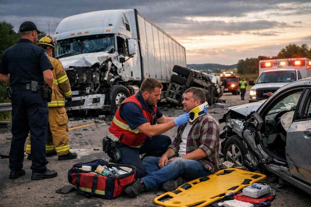 What Should You Do After Being Injured in a Truck Accident in Missouri? Paramedic assisting an injured man beside a crashed car after a semi-truck accident on a Missouri highway with emergency responders on scene.