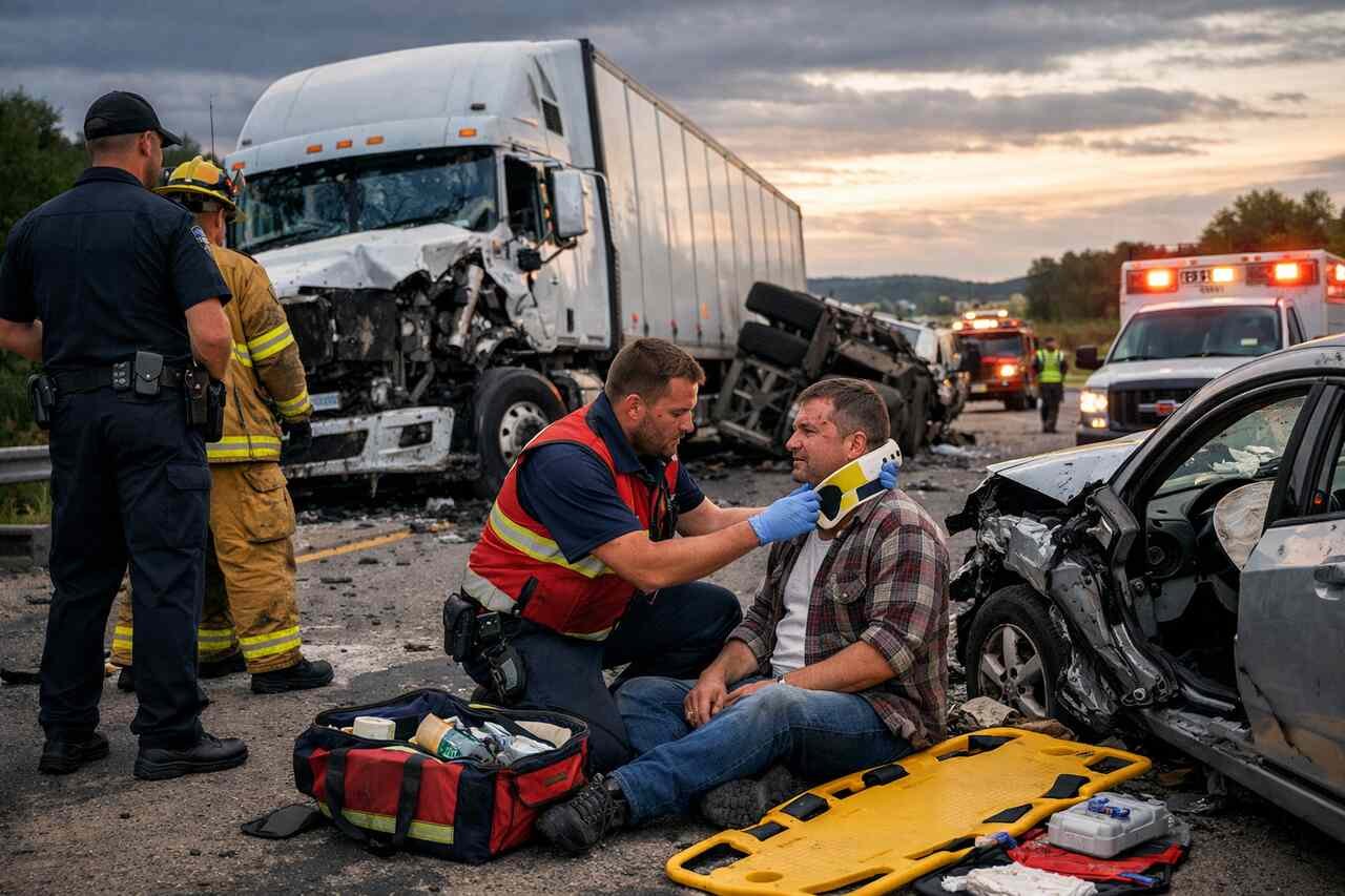Paramedic assisting an injured man beside a crashed car after a semi-truck accident on a Missouri highway with emergency responders on scene.