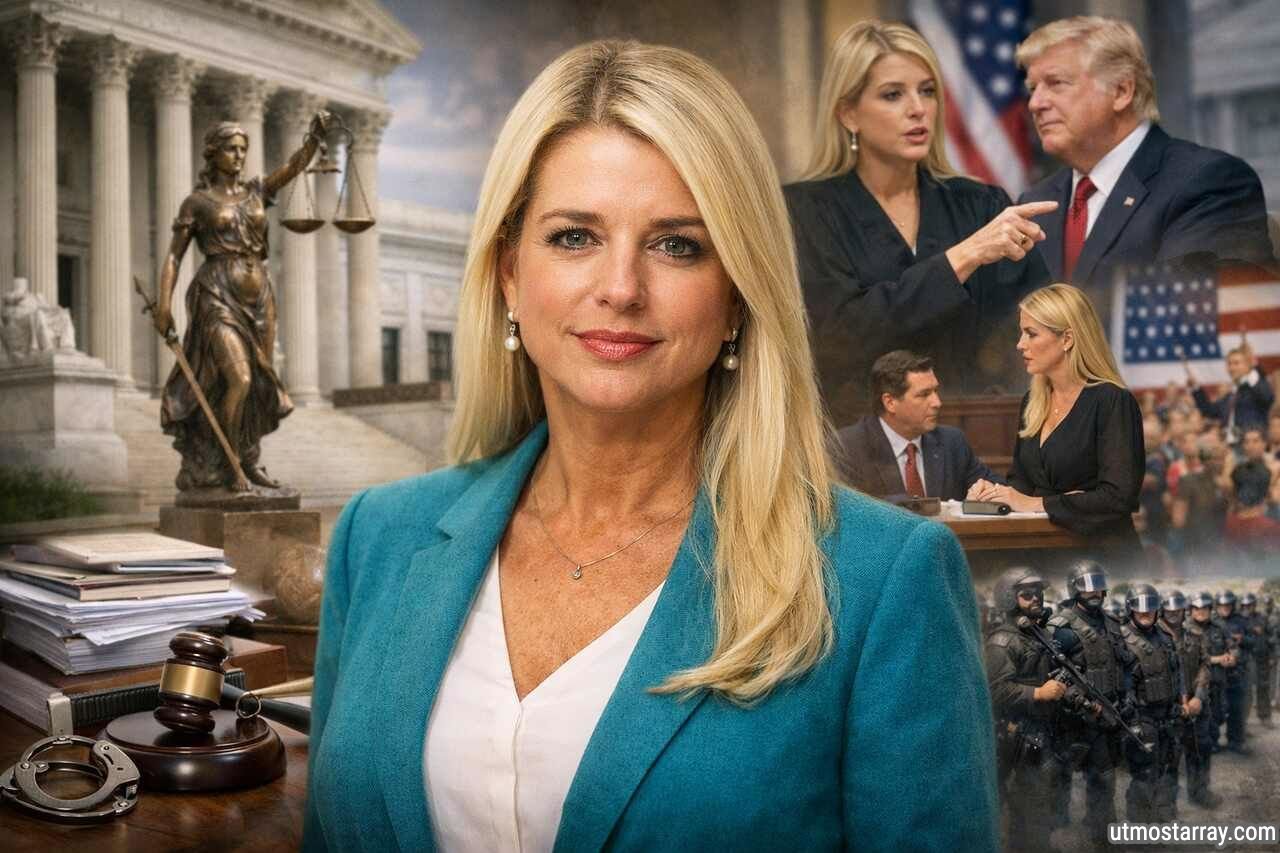 Pam Bondi standing confidently in a courthouse-themed setting with legal symbols, courtroom scenes, political imagery, and law enforcement officers in the background.