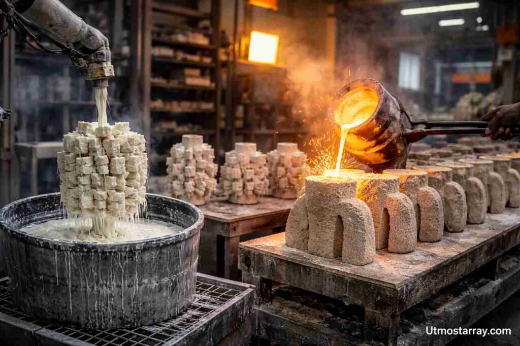 The Complete Investment Casting Process Explained Step by Step Investment casting process with molten metal pouring into ceramic molds