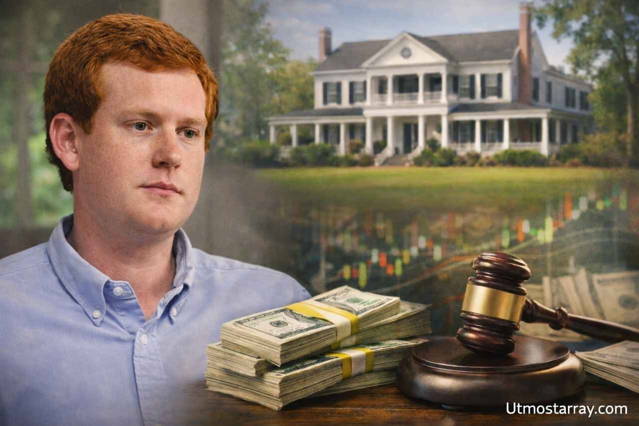 Buster Murdaugh net worth with money, gavel, and family estate background