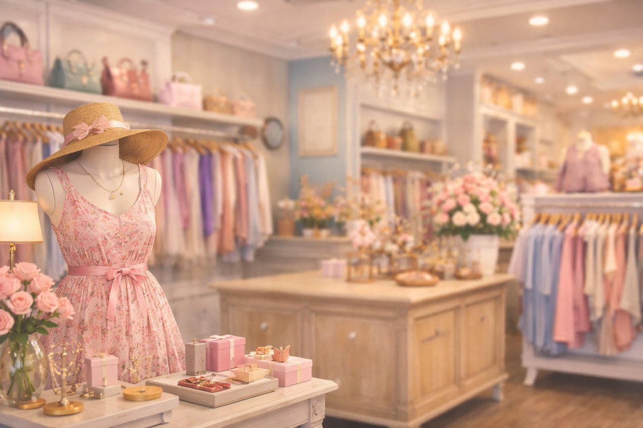 Cute boutique website featured image with pastel fashion boutique interior