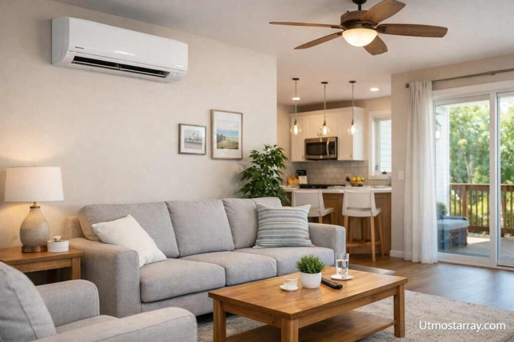 Ductless cooling system in modern Winchester home living room