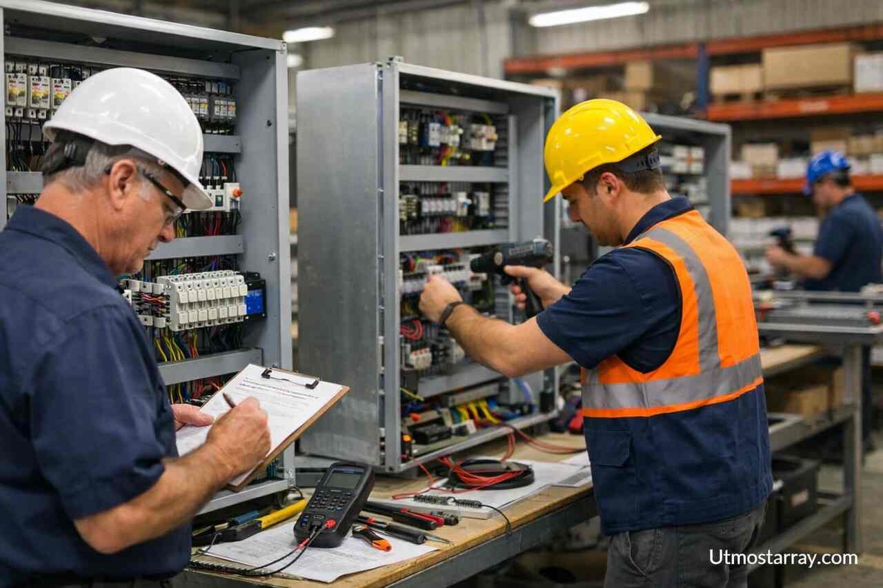 Engineers assembling electrical control panels during in-house panel fabrication