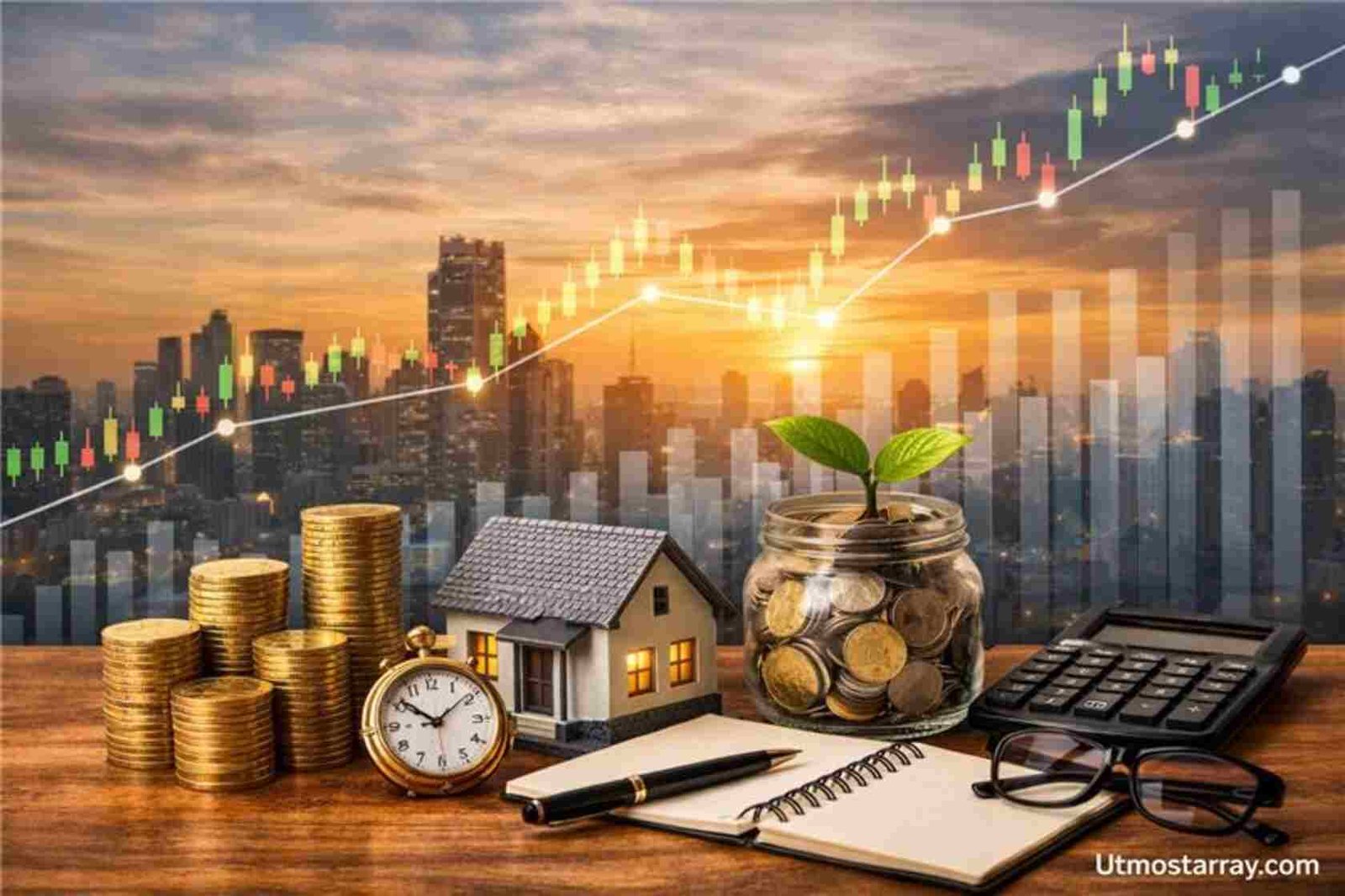 Wealth investment strategy with financial growth chart and assets