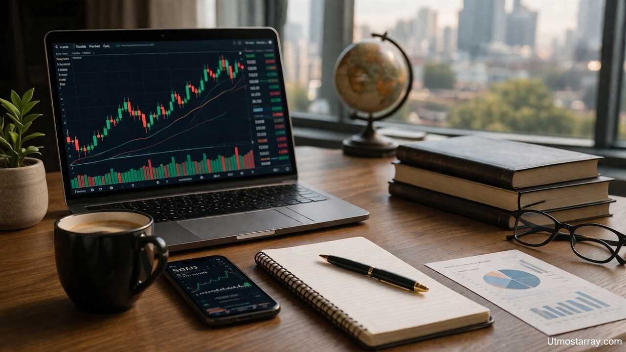 Stock investment workspace with charts and growing coin stacks