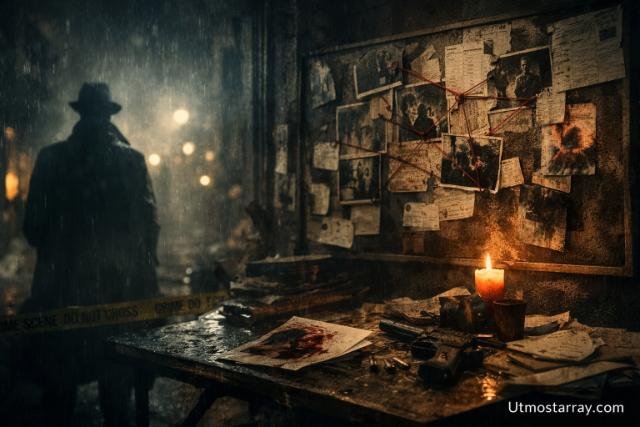 Dark thriller crime scene with detective silhouette and evidence board