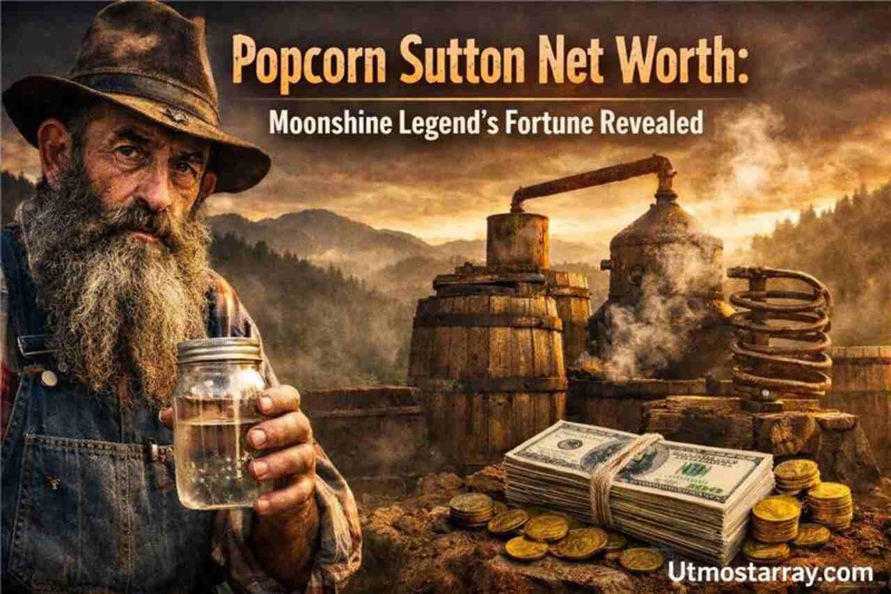 Popcorn Sutton holding moonshine jar near still with money representing net worth