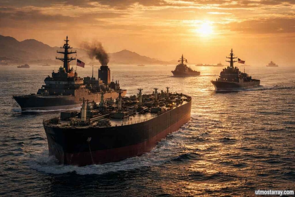 Iran says the Strait is “Open” after the deal with Lebanon, but Trump says the U.S. will keep blocking it Oil tanker sailing through the Strait of Hormuz at sunset with US Navy warships escorting nearby under a dramatic golden sky.