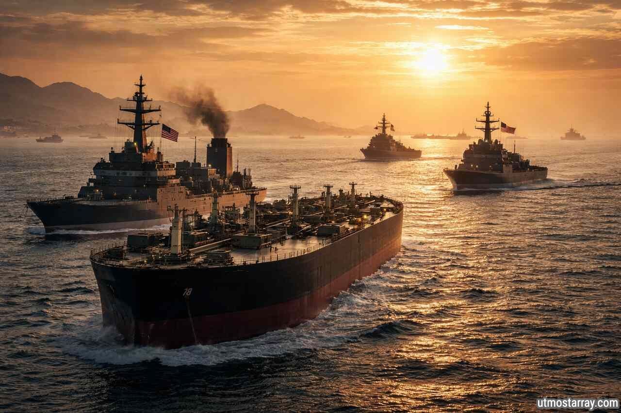 Oil tanker sailing through the Strait of Hormuz at sunset with US Navy warships escorting nearby under a dramatic golden sky.
