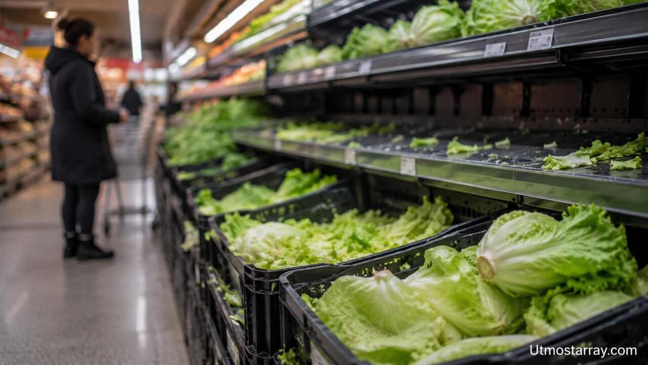 Empty supermarket lettuce shelves during a lettuce shortage crisis