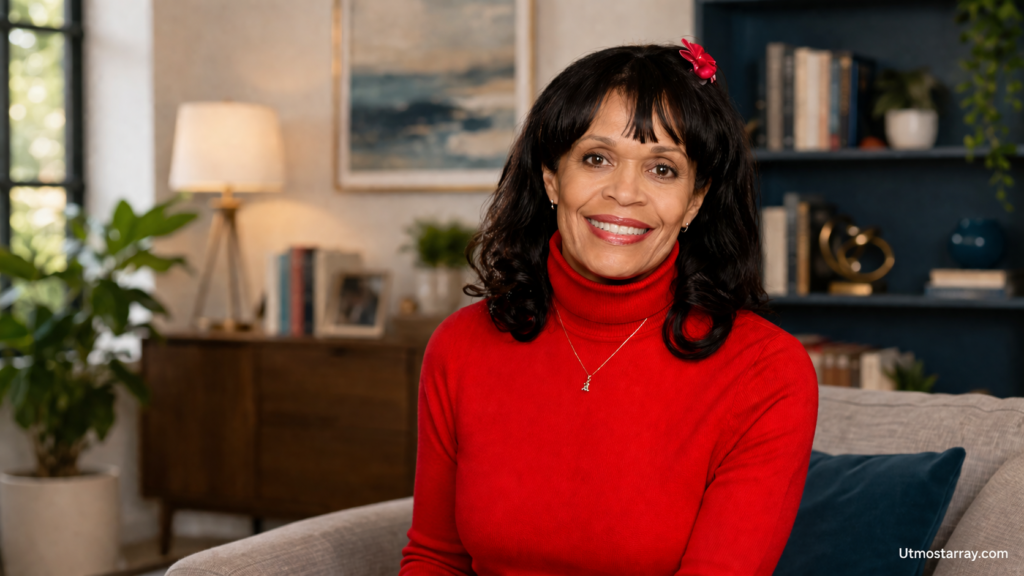 Smiling woman in red turtleneck in modern living room setting