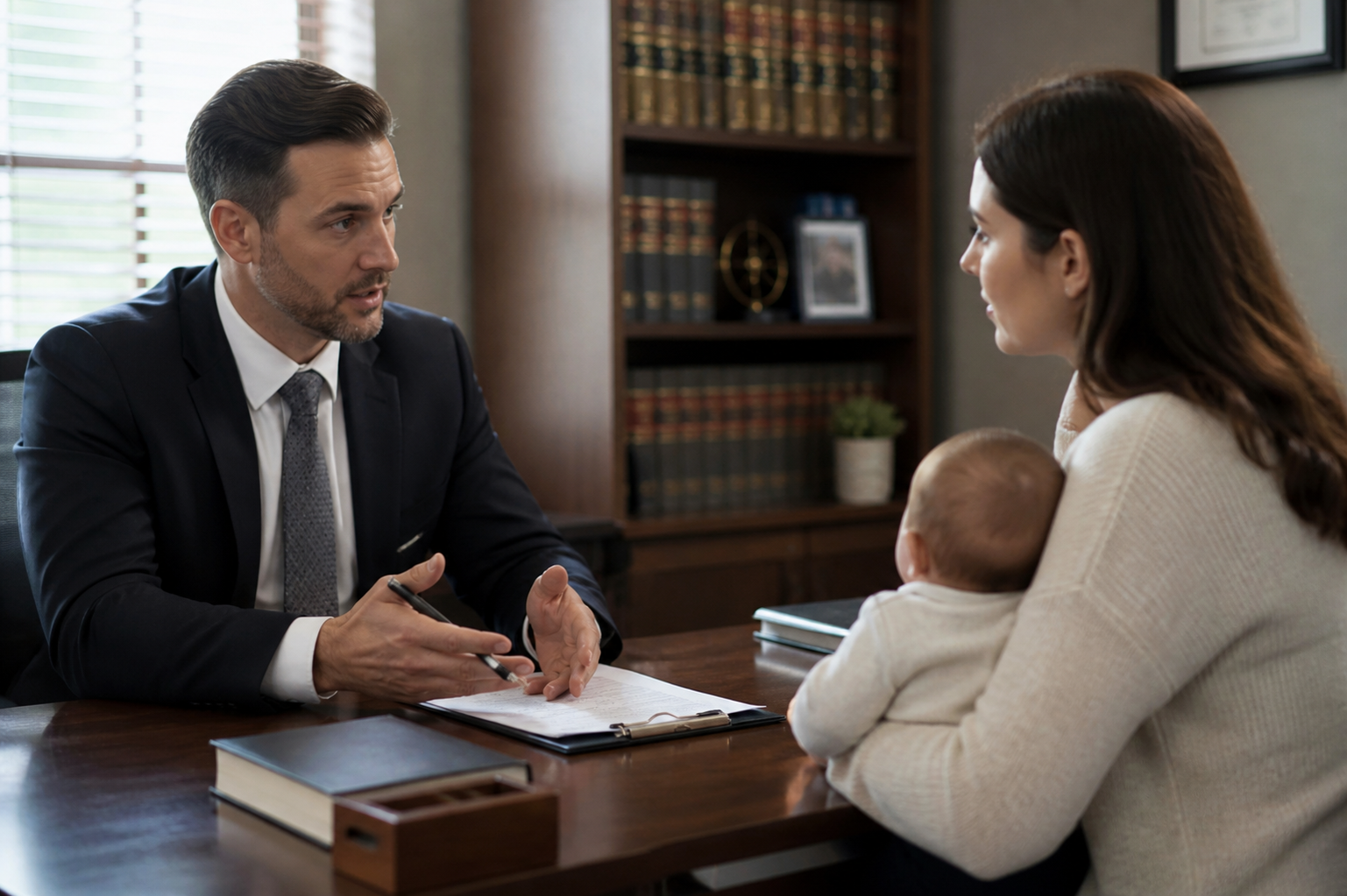 Lawyer consulting with a mother holding her baby about a birth injury case in an office setting