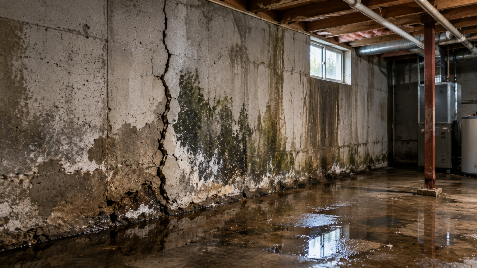 Why Basement Moisture Often Leads to Bigger Structural Problems Basement moisture causing wall cracks and structural damage in a home basement.