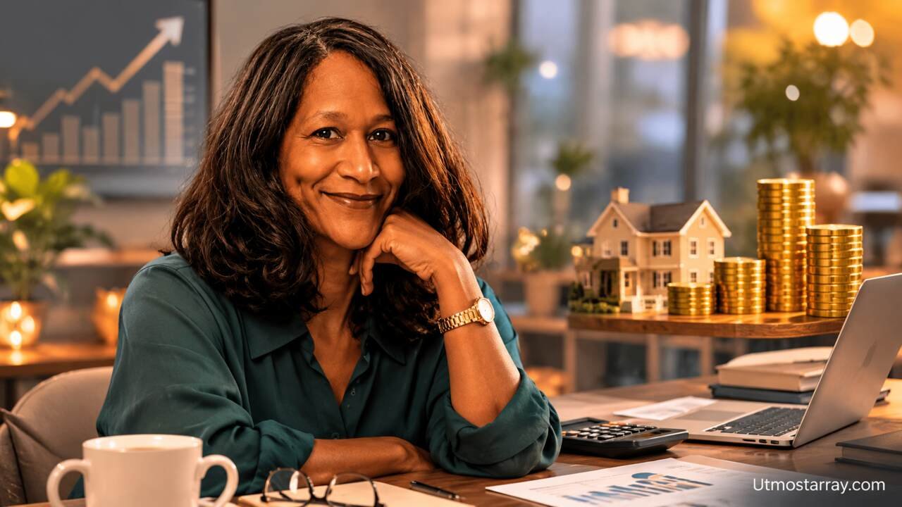 Confident businesswoman sitting at a desk in a modern office with financial charts, stacked coins, a model house, and a laptop, representing wealth growth and smart financial planning.