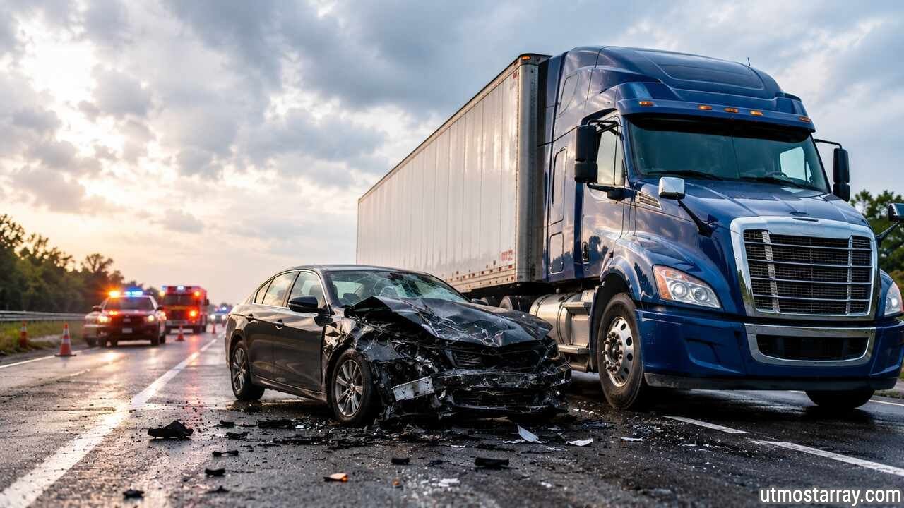 Truck accident scene with damaged car and semi-truck on highway
