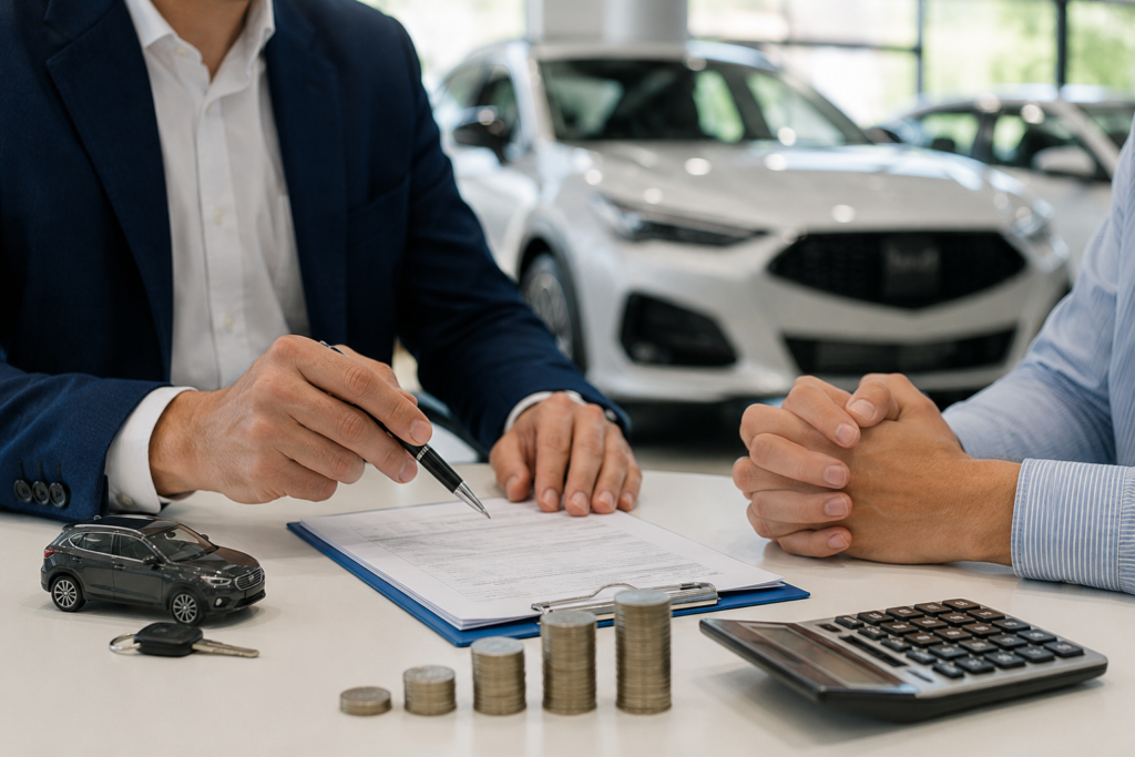 Exploring Car Financing Options In 2026 Exploring car financing options in 2026 with a customer comparing auto loan and leasing plans at a car dealership.