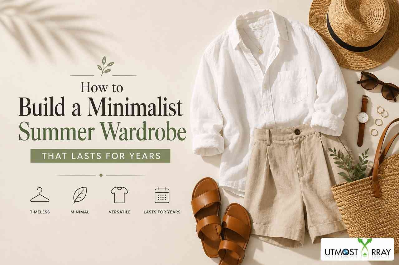 Minimalist summer wardrobe essentials including a white linen shirt, beige shorts, leather sandals, straw hat, sunglasses, and woven tote bag on a neutral beige background.