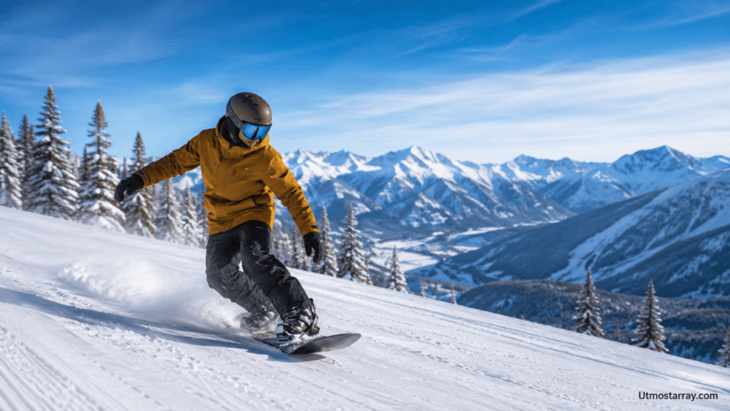 How to Snowboard Like a Beginner and Progress Quickly on the Slopes Beginner snowboarder carving down a snowy mountain slope with scenic alpine peaks in the background.