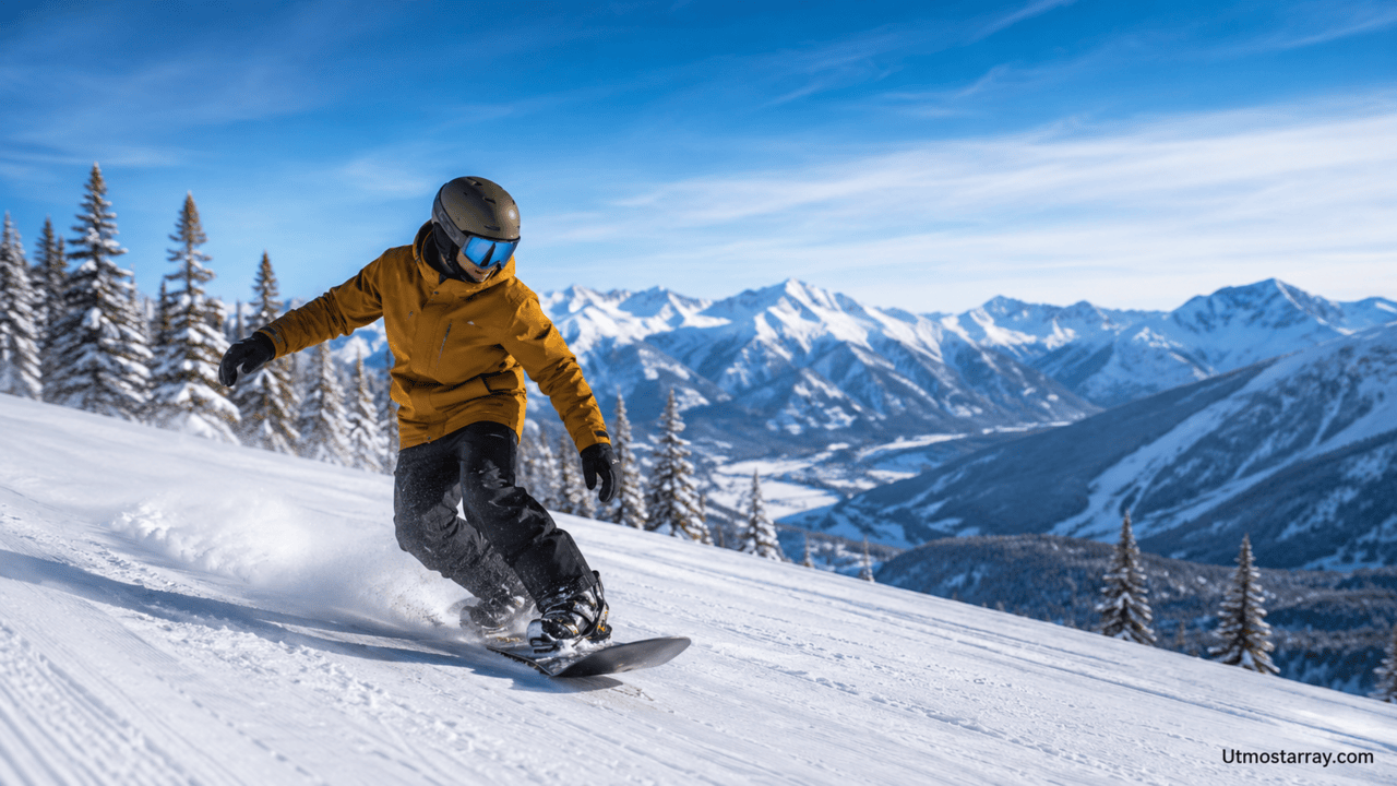 Beginner snowboarder carving down a snowy mountain slope with scenic alpine peaks in the background.