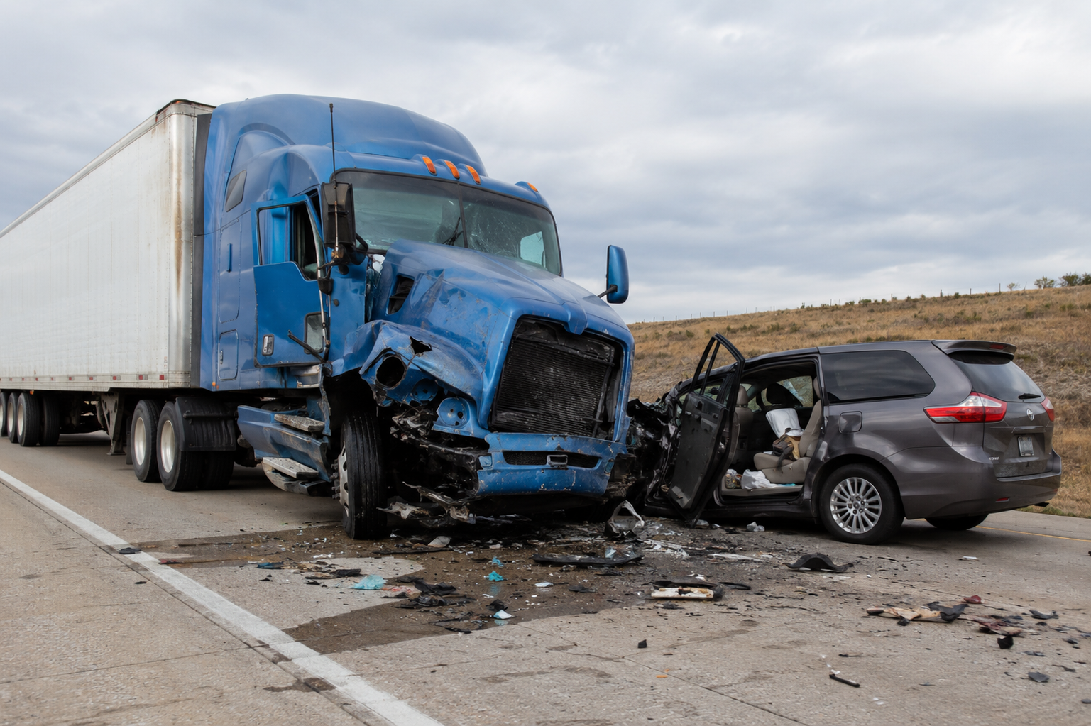 Semi-truck accident on a Kansas highway showing the leading causes of truck accidents in Kansas.