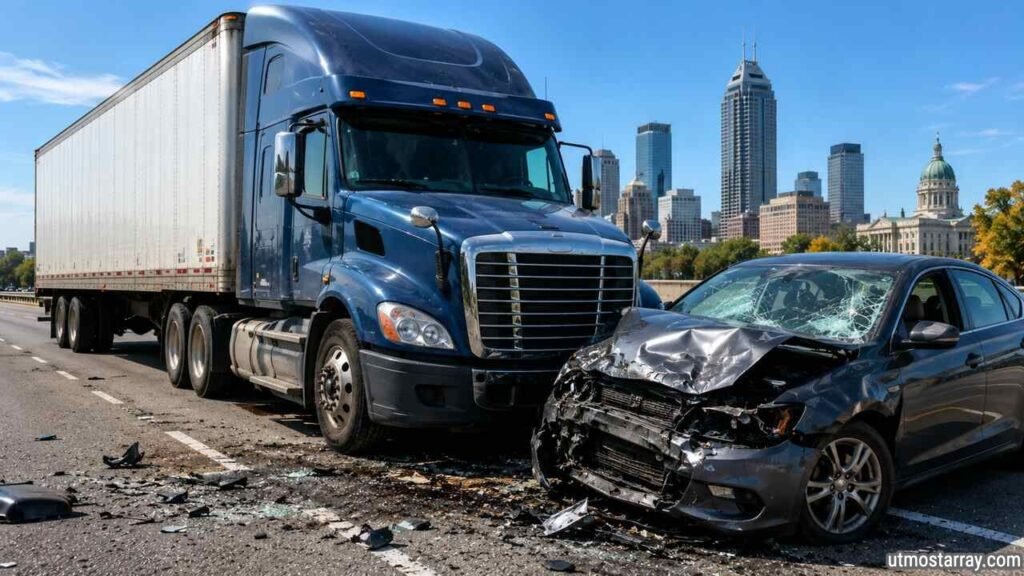 Who Can Be Held Liable in an Indianapolis Commercial Truck Accident? Indianapolis commercial truck accident involving a semi-truck and damaged car