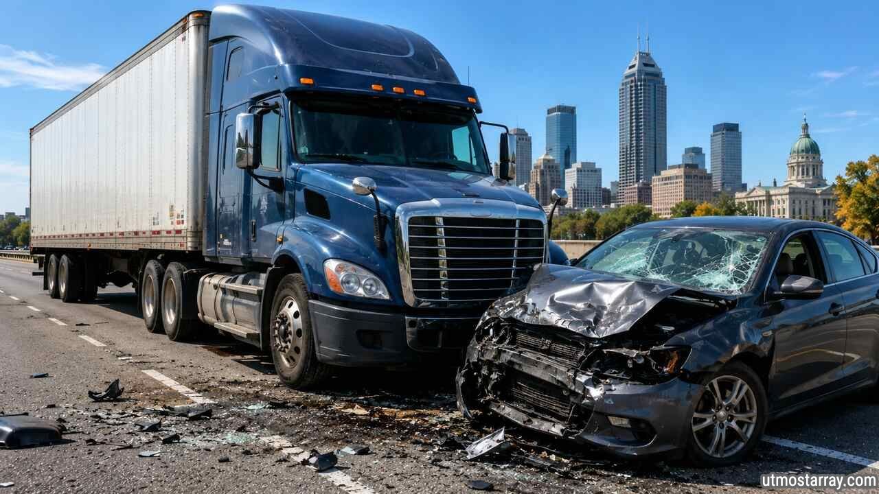 Indianapolis commercial truck accident involving a semi-truck and damaged car