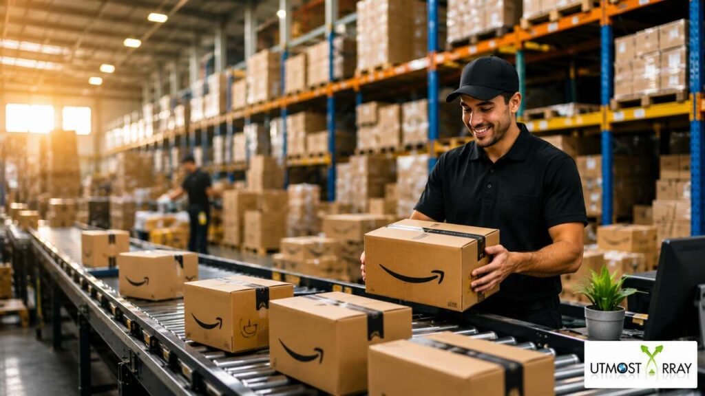 How Amazon Fulfillment Services Can Help You Scale Your Business Faster Amazon fulfillment warehouse with a worker handling shipping boxes on a conveyor belt, showcasing efficient order processing and business scalability.