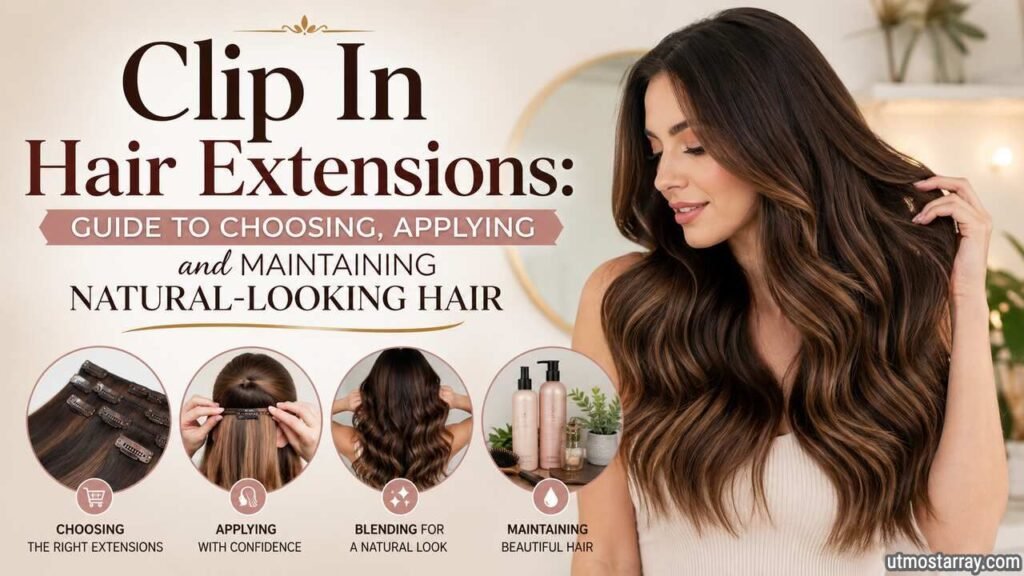 Woman with long, voluminous brunette hair wearing clip-in hair extensions, showcasing a natural blend and healthy shine.