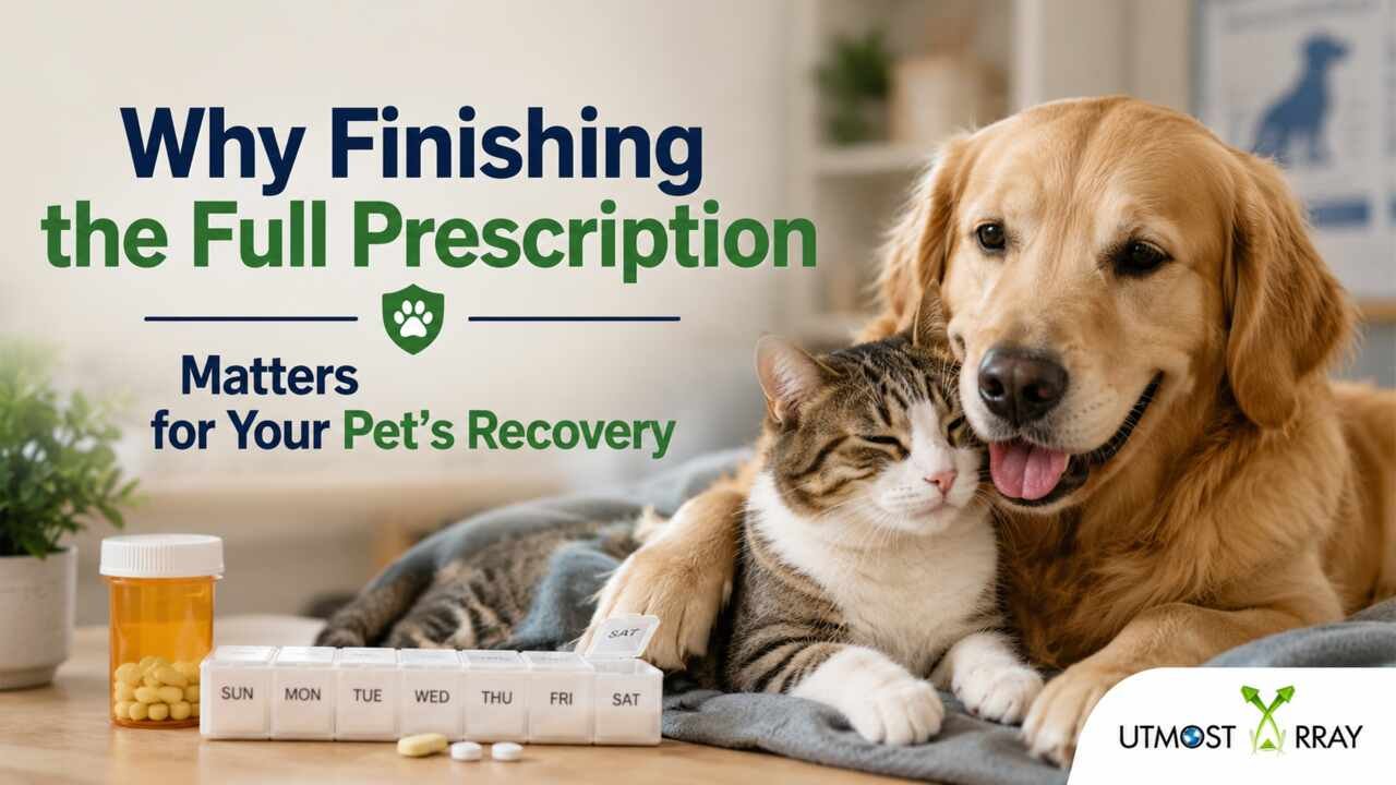 Dog and cat with medication showing why finishing the full prescription matters for pet recovery.