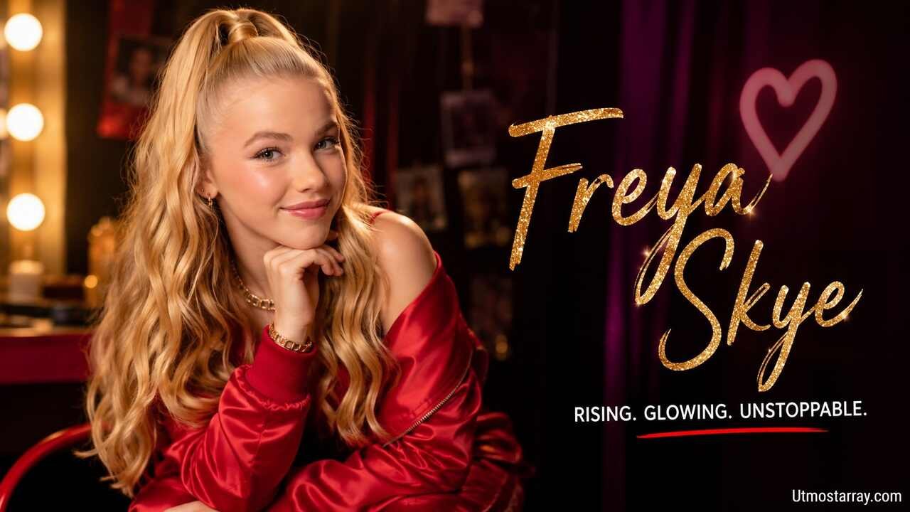 Freya Skye smiling in a red outfit during a glamorous portrait session