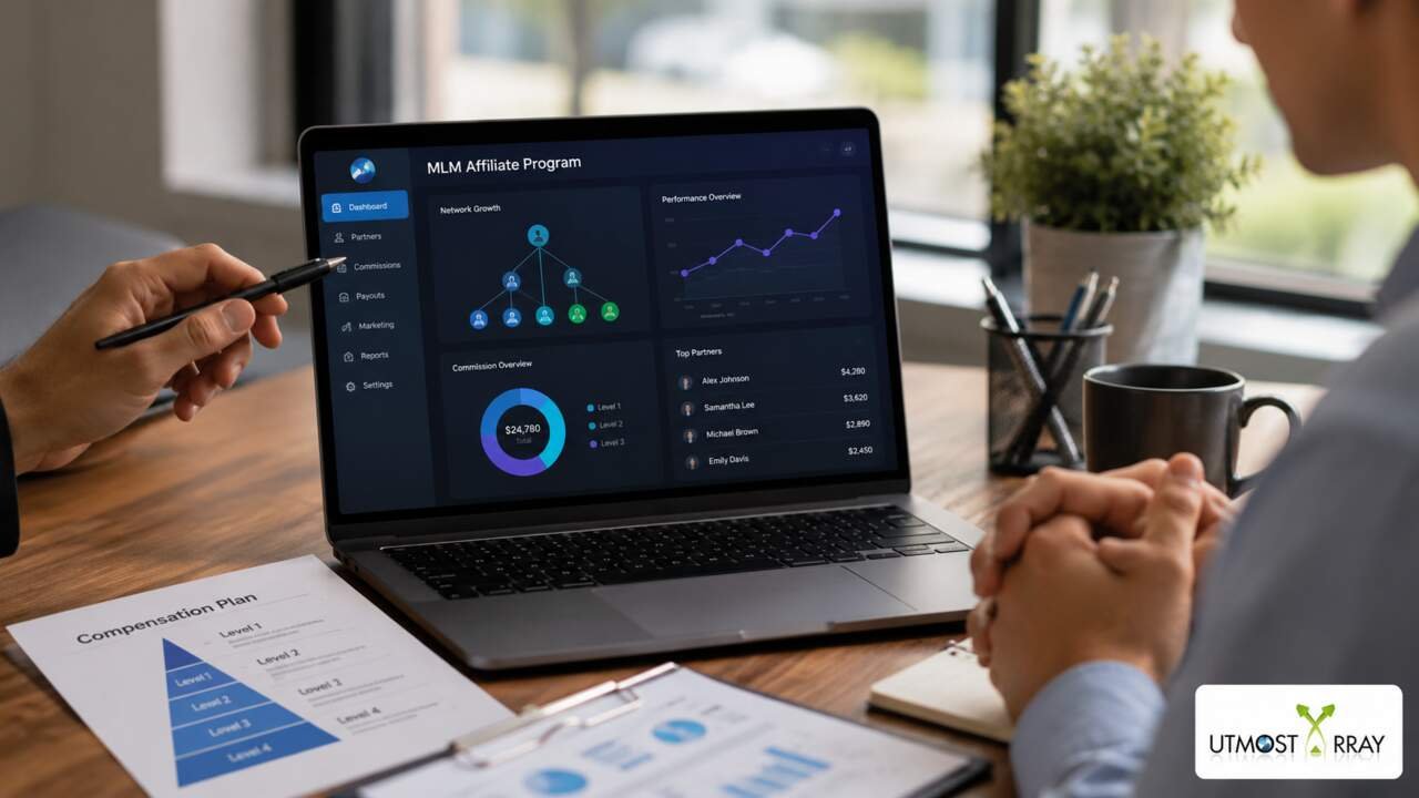 MLM affiliate program dashboard with compensation plan and partner portal