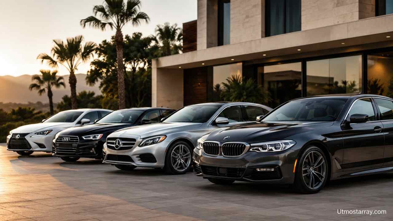 Cheap luxury cars parked in front of a modern luxury home