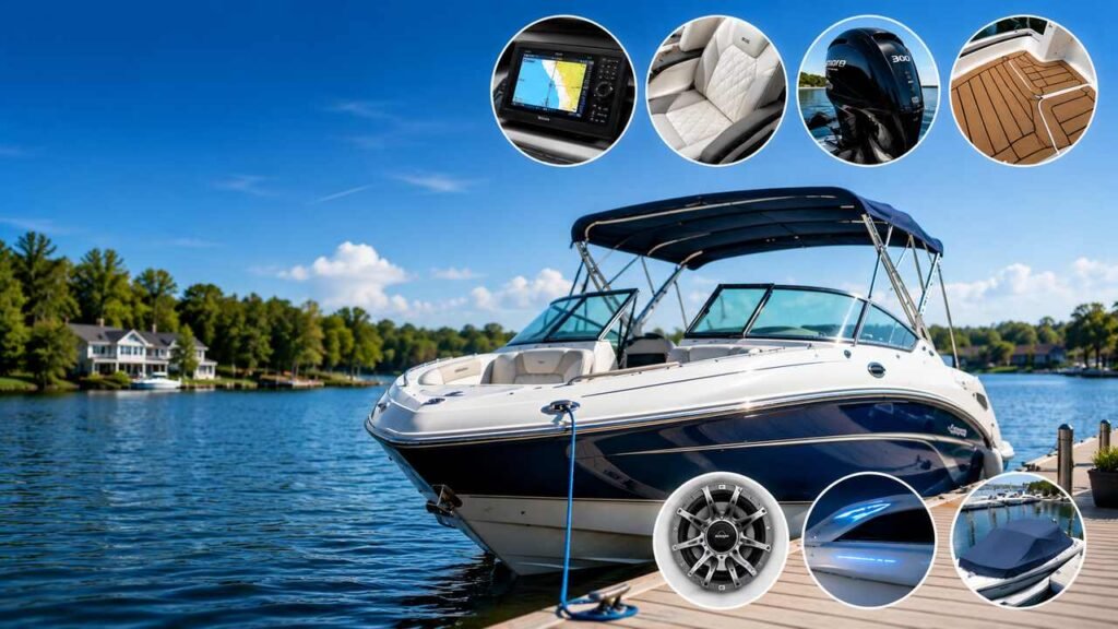 7 Essential Upgrades That Instantly Boost the Resale Value of Your Boat Modern recreational boat at a marina showcasing premium upgrades including updated navigation electronics, luxury seating, new outboard engine, synthetic decking, marine speakers, LED lighting, and a custom boat cover.