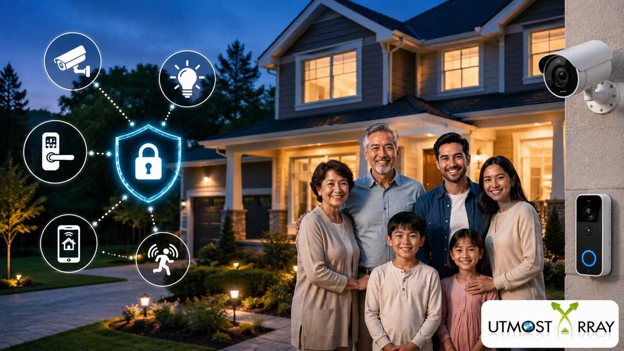 Multi-generational family standing outside a modern home with smart security cameras, video doorbell, and home protection features.
