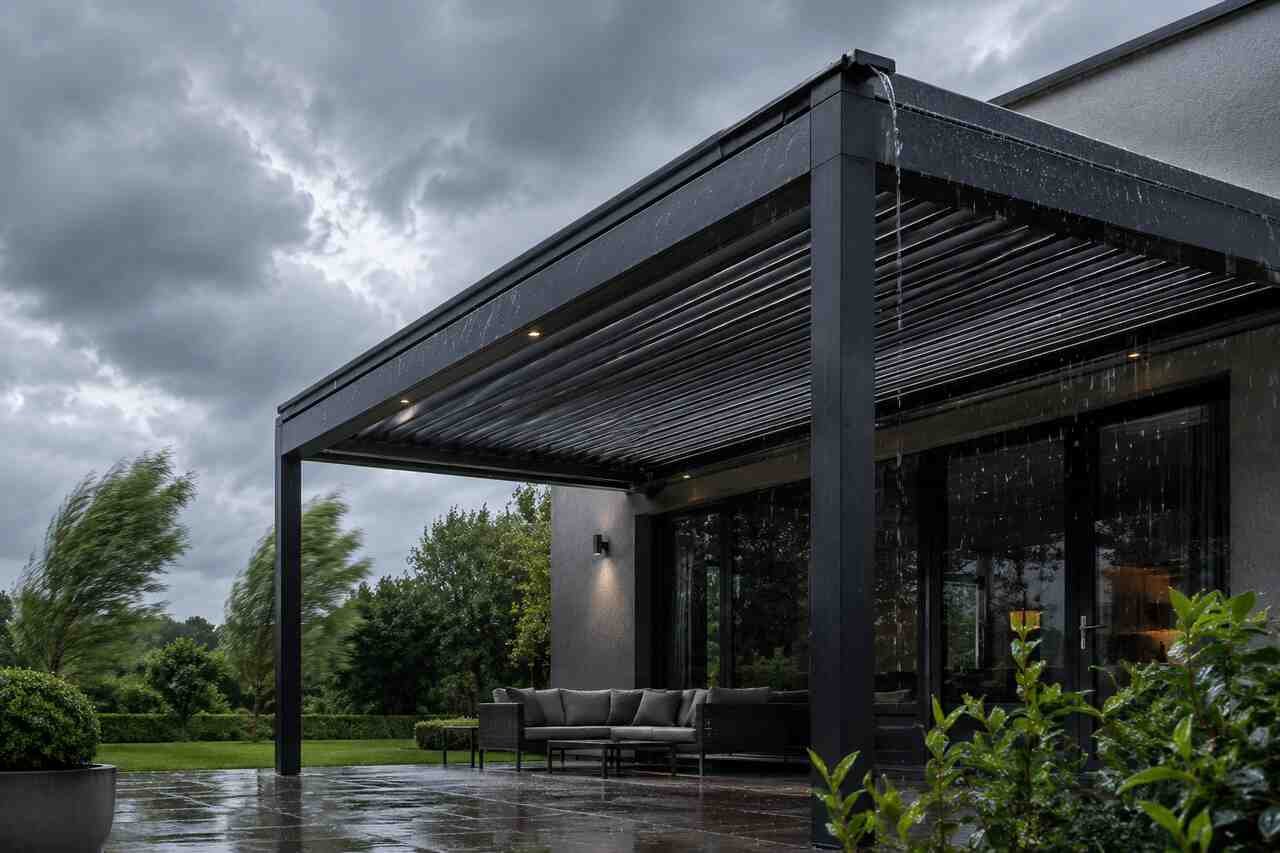 Motorized pergola adjusting louvers for wind and rain