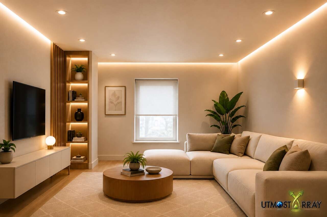 Small low-ceiling room with warm layered lighting