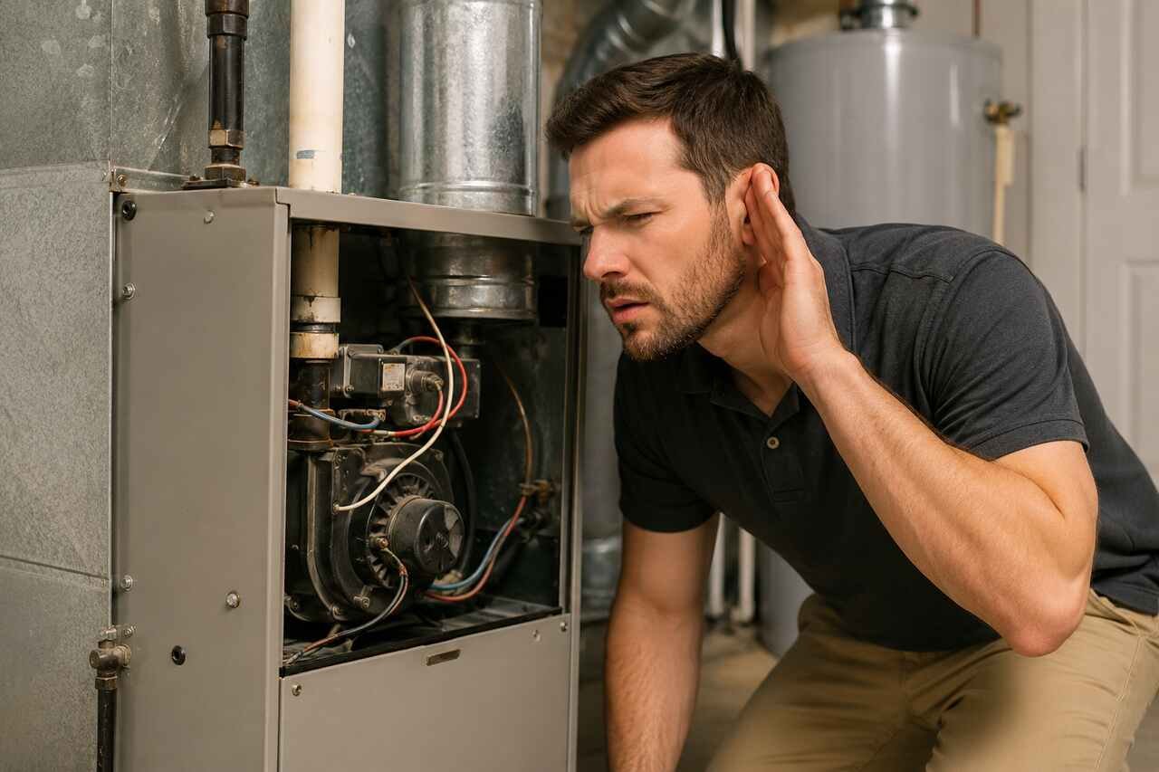 Homeowner checking unusual heating system noises while an HVAC technician inspects the furnace.