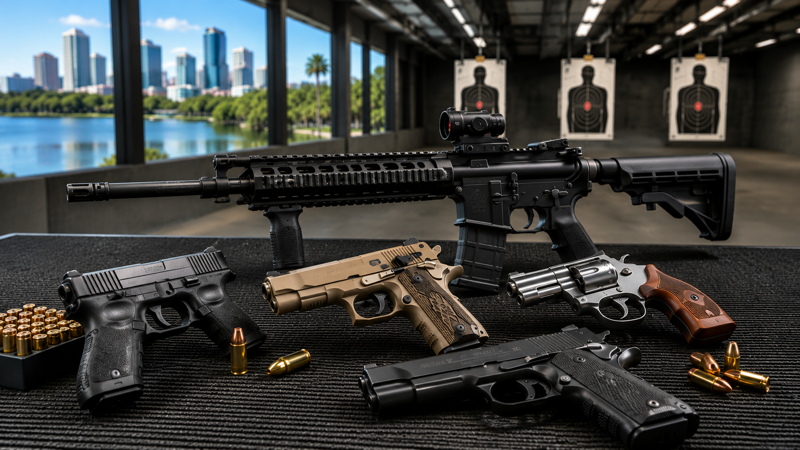 Guns you can rent in Orlando displayed at an indoor shooting range.