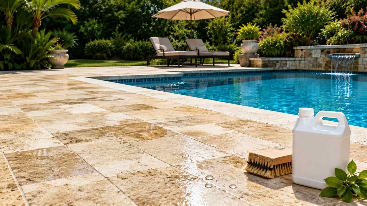 Pool stone sealer protecting natural stone around a swimming pool.