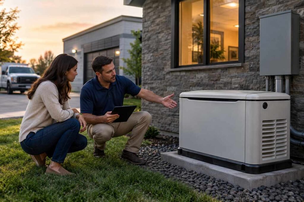 How to Choose a Reliable Generator Brand for Your Home or Business Technician helping a homeowner evaluate a standby generator for reliable home or business backup power.