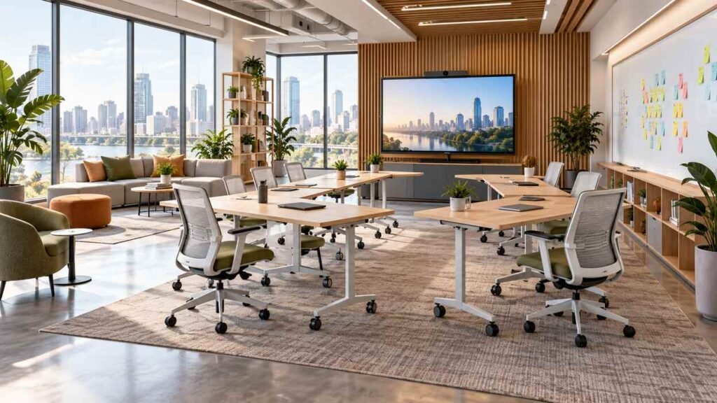 How to Design Multi-Functional Meeting Spaces That Adapt to Your Growing Business Modern multi-functional meeting space with flexible tables, office chairs, lounge seating, video conferencing, and collaborative whiteboards.